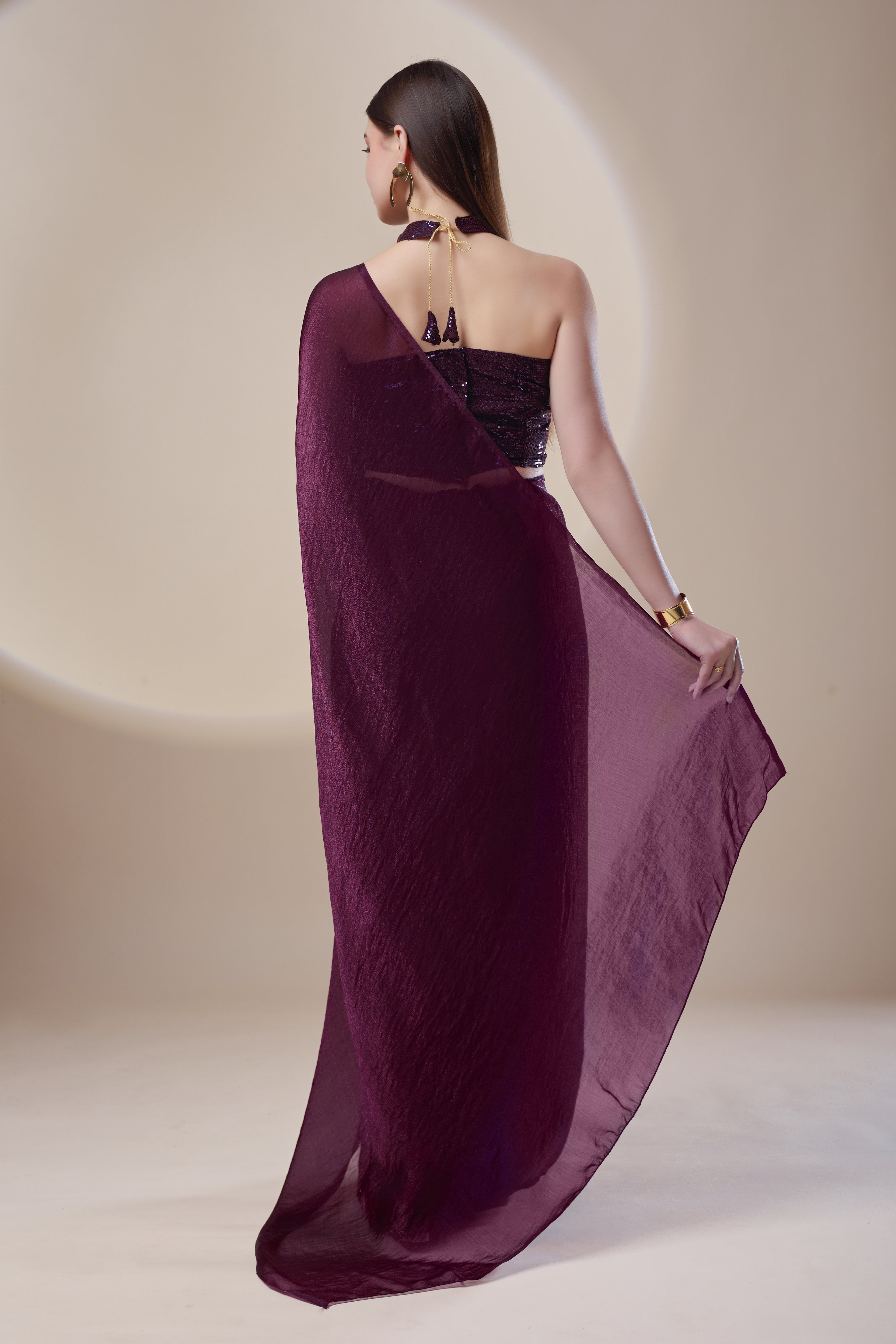 Wine Crushed Tissue Saree