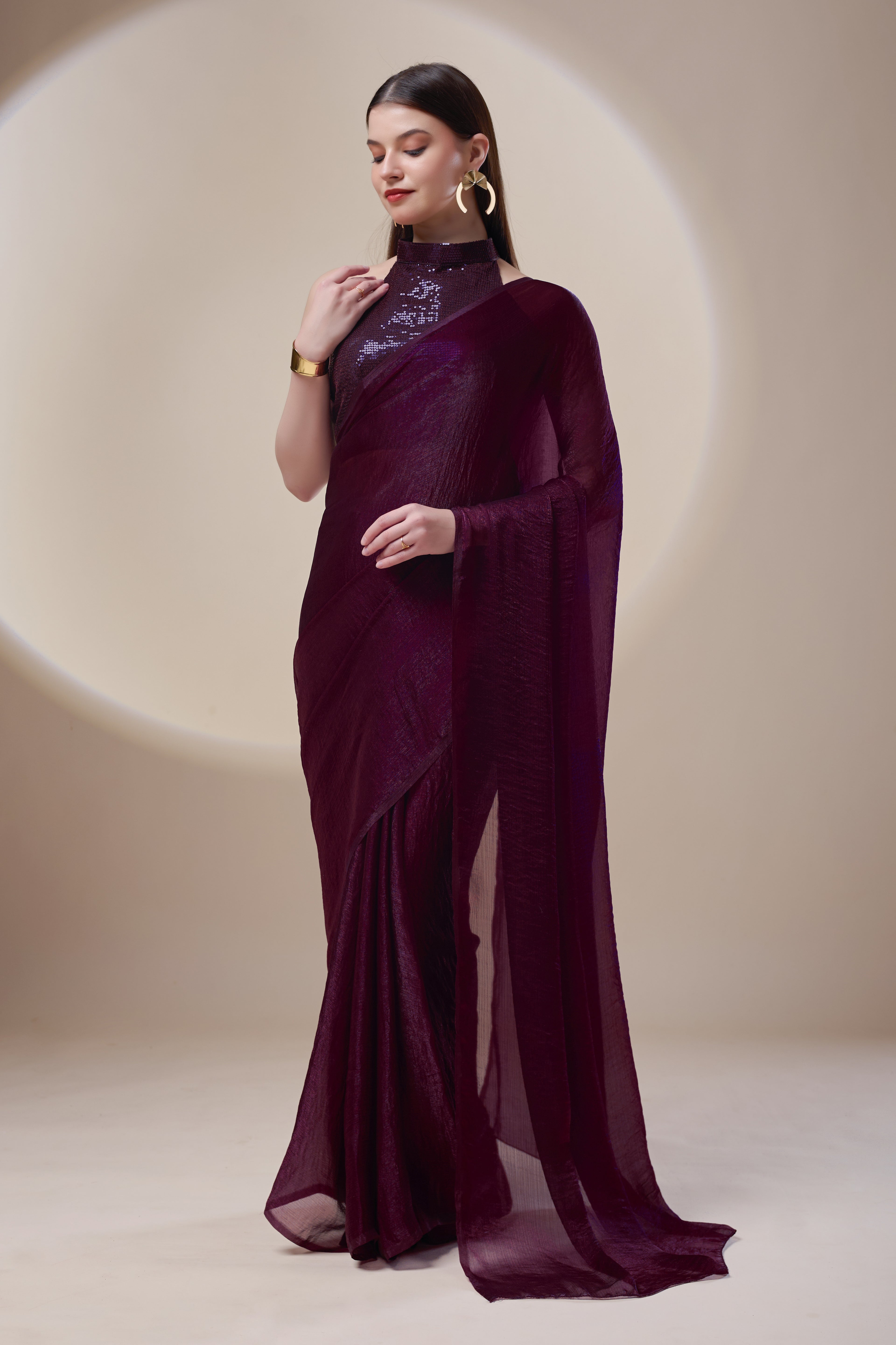 Wine Crushed Tissue Saree