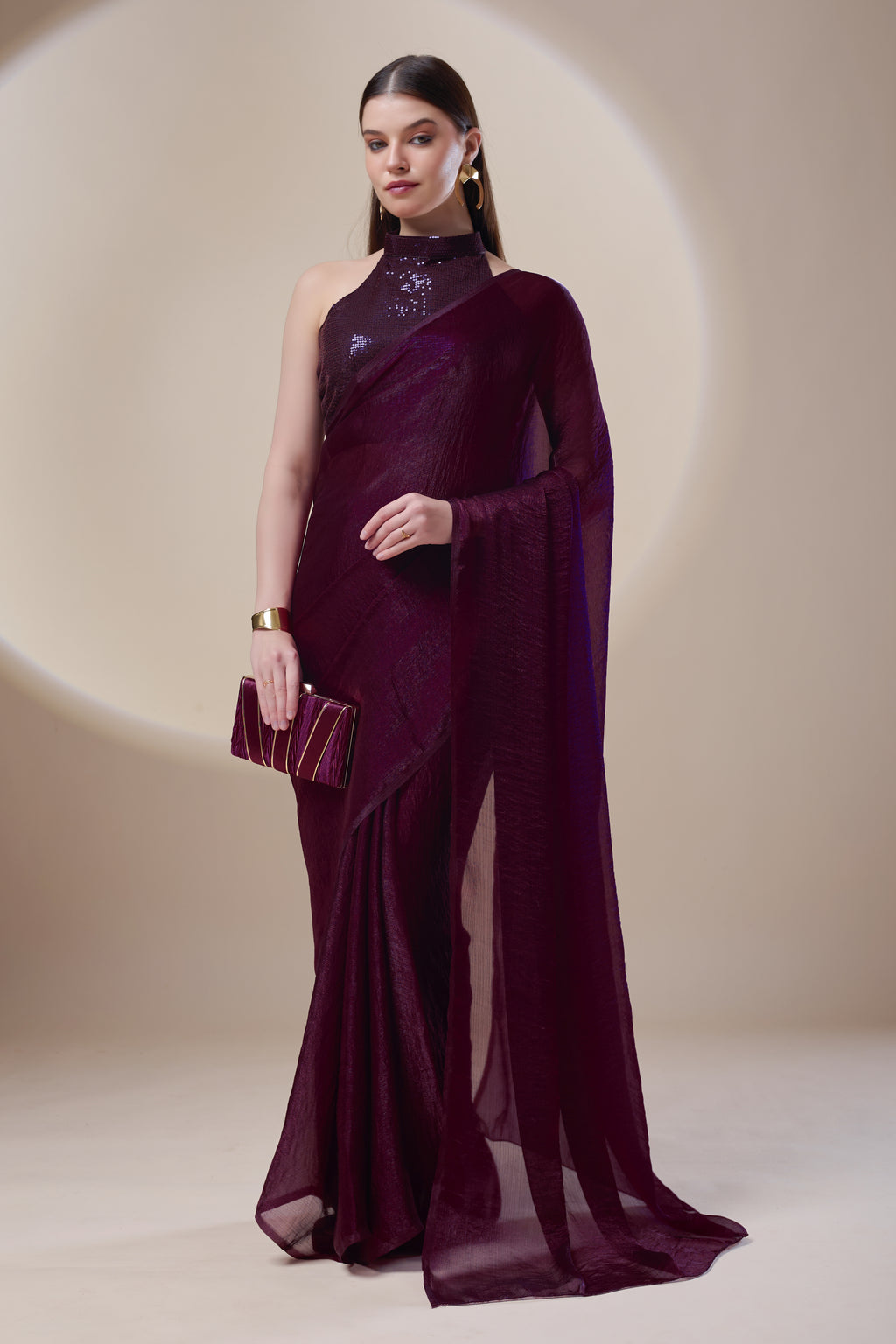Wine Crushed Tissue Saree
