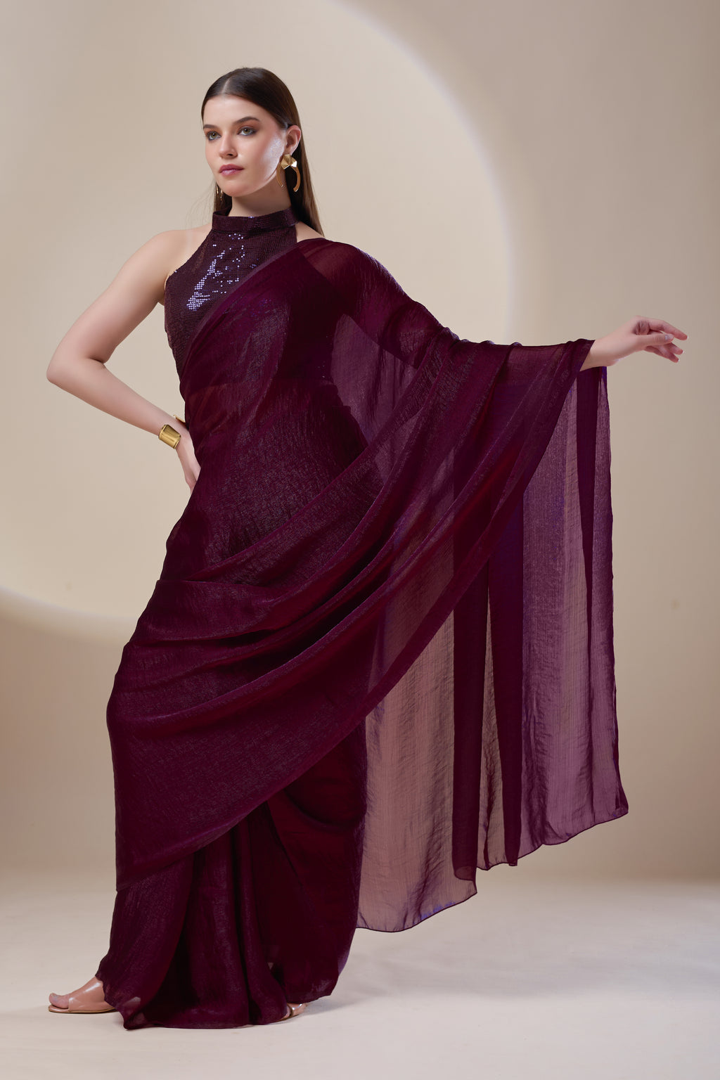 Wine Crushed Tissue Saree