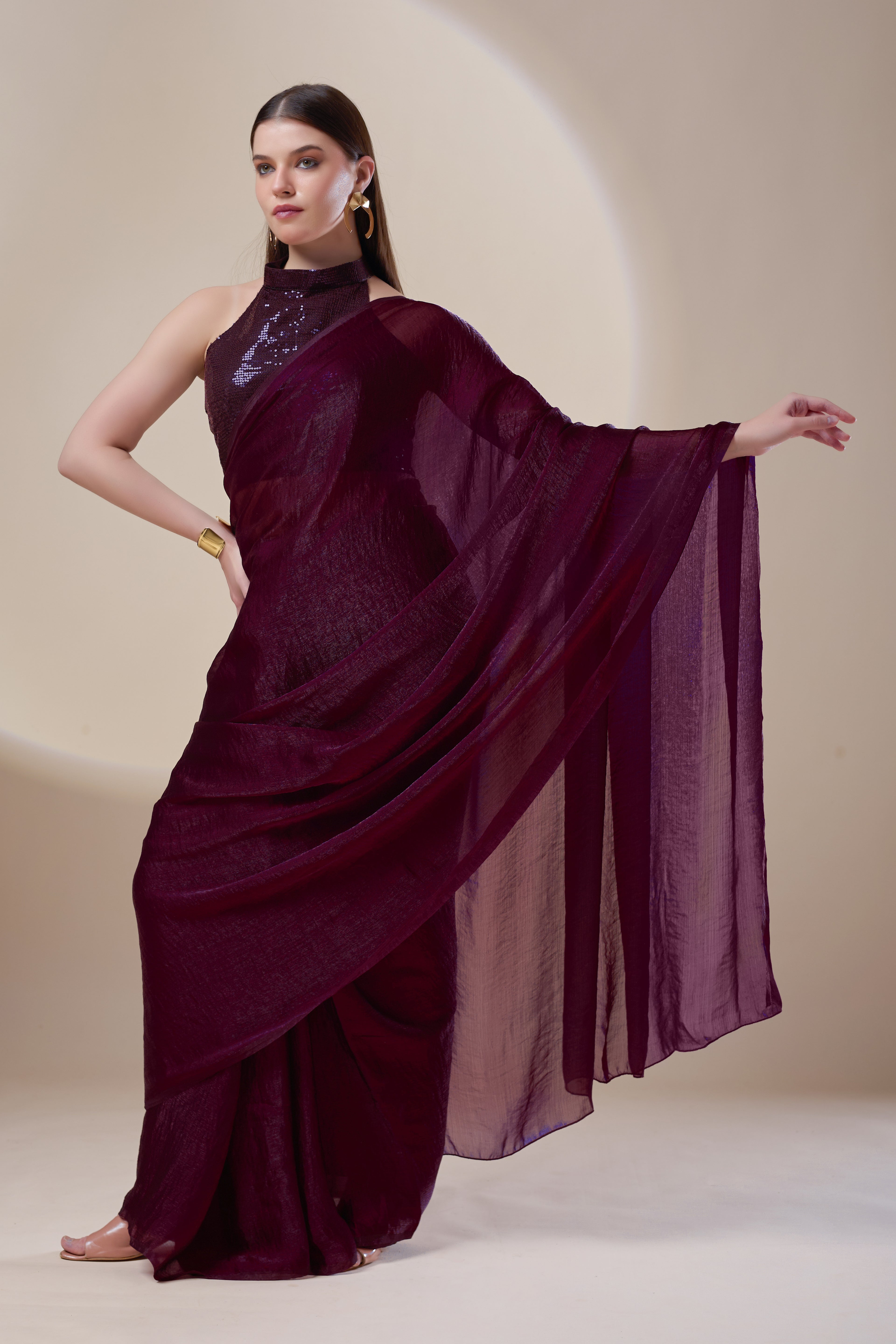 Wine Crushed Tissue Saree