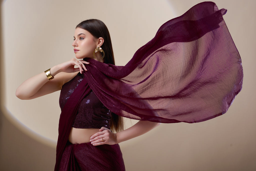 Wine Crushed Tissue Saree