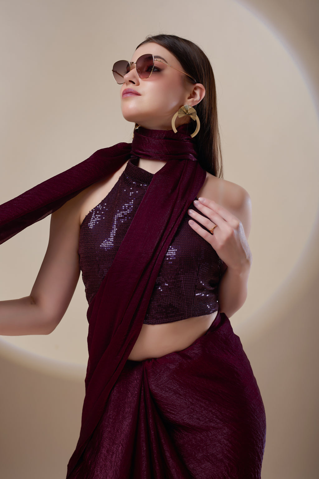 Wine Crushed Tissue Saree