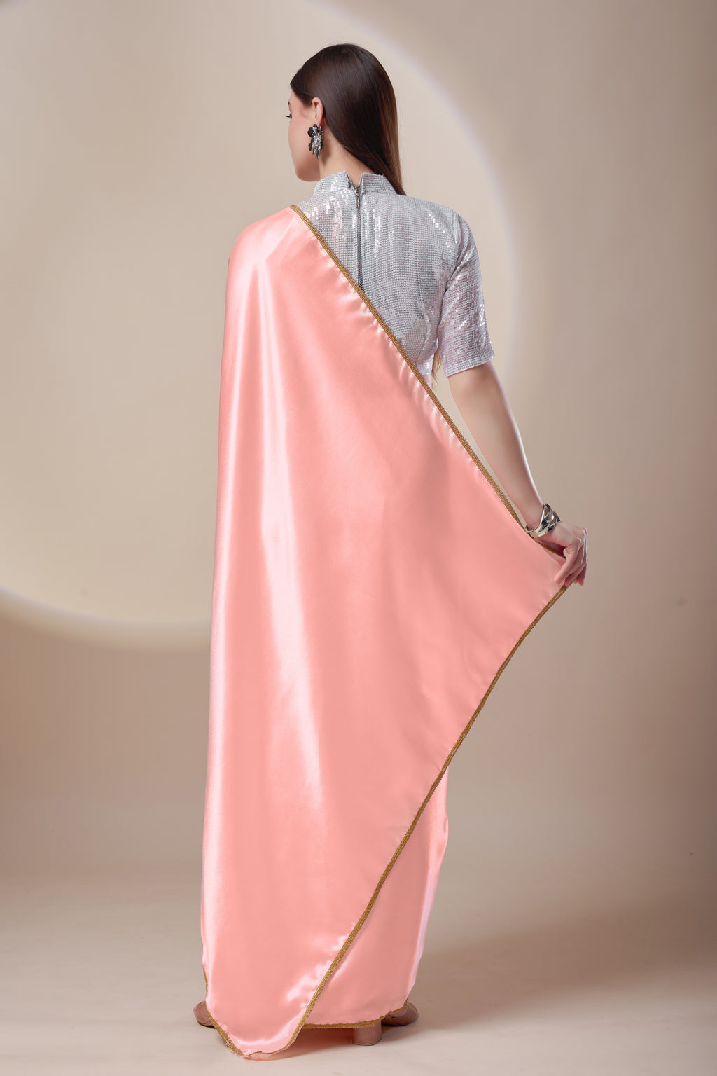 Peach Silk Satin Saree