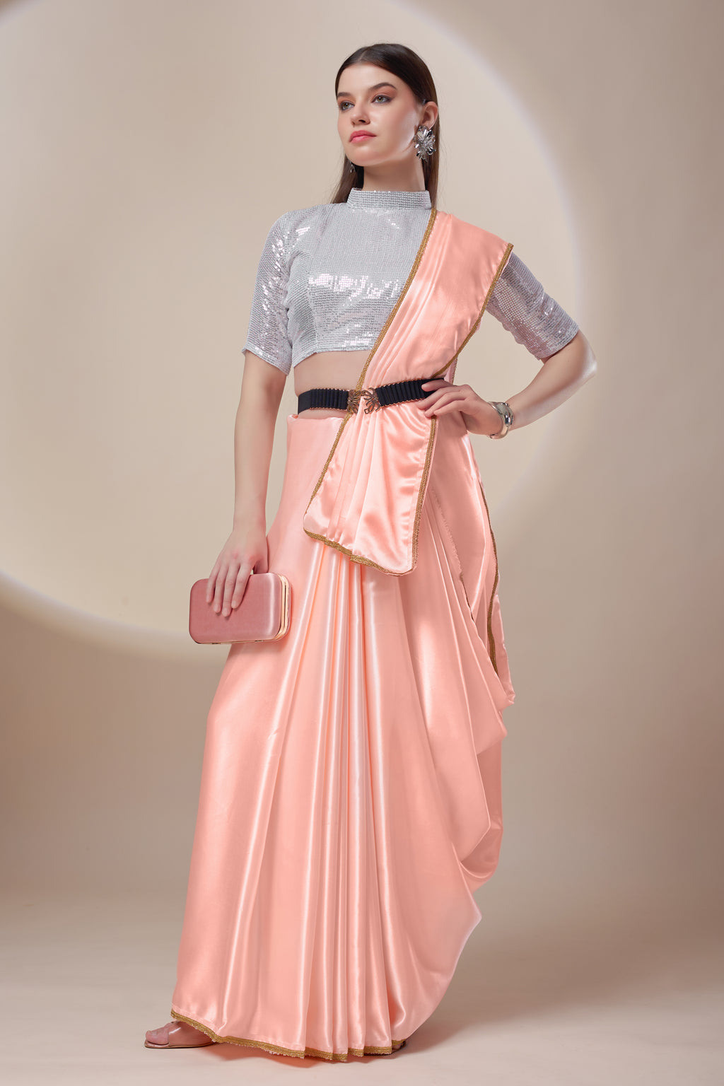 Peach Silk Satin Saree
