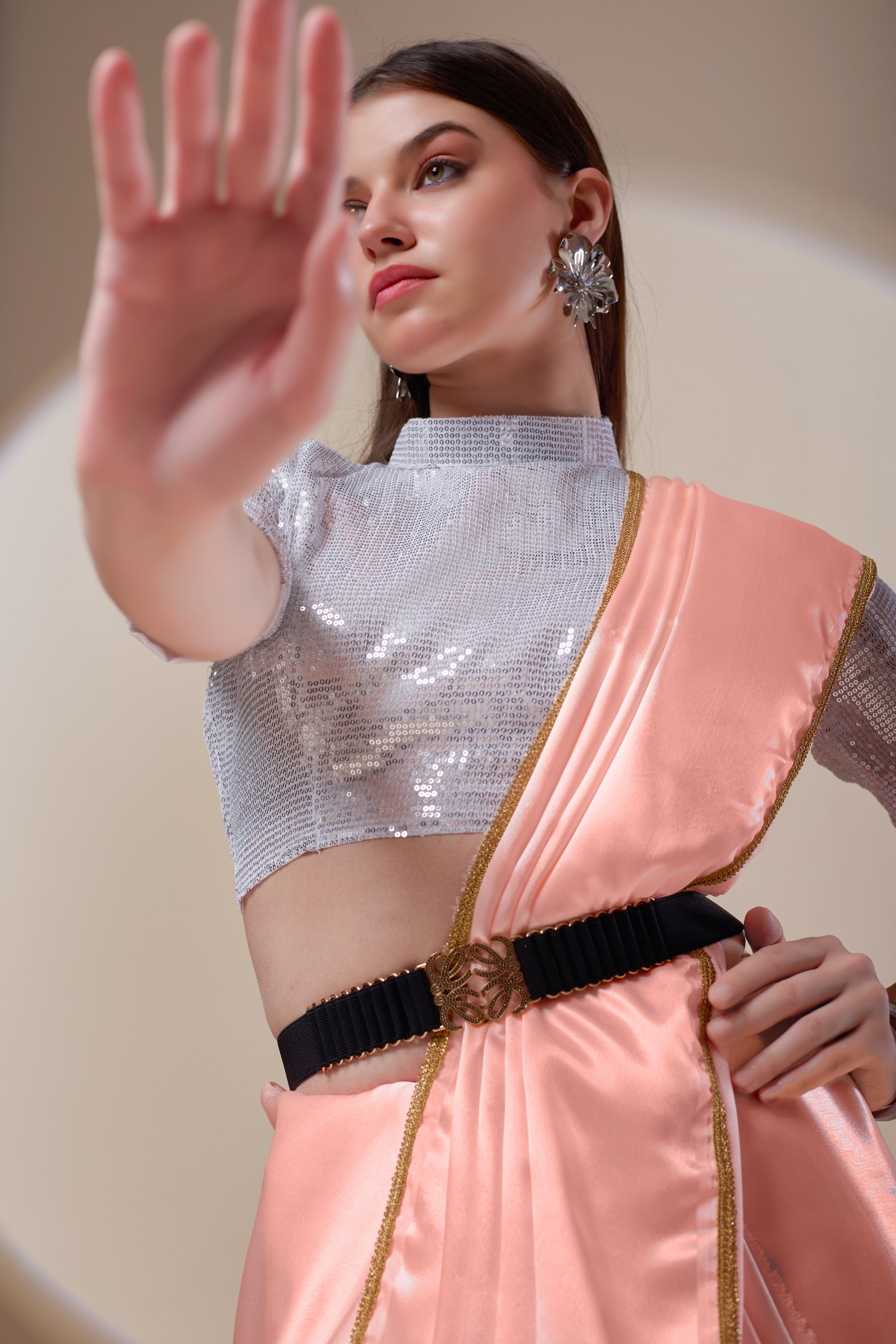 Peach Silk Satin Saree