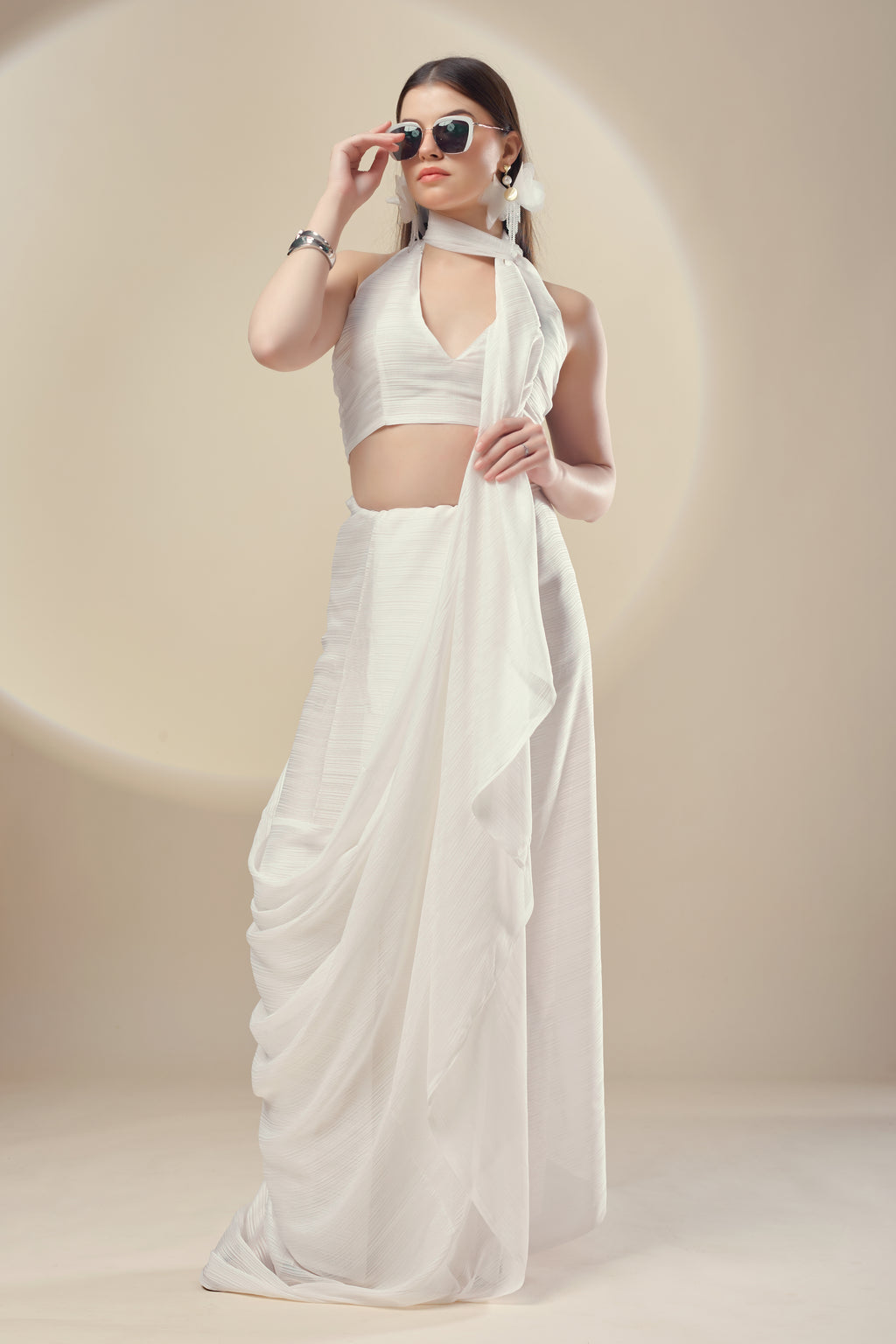 White Shimmer Chiffon Saree