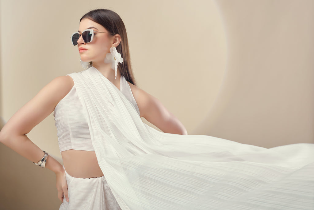 White Shimmer Chiffon Saree
