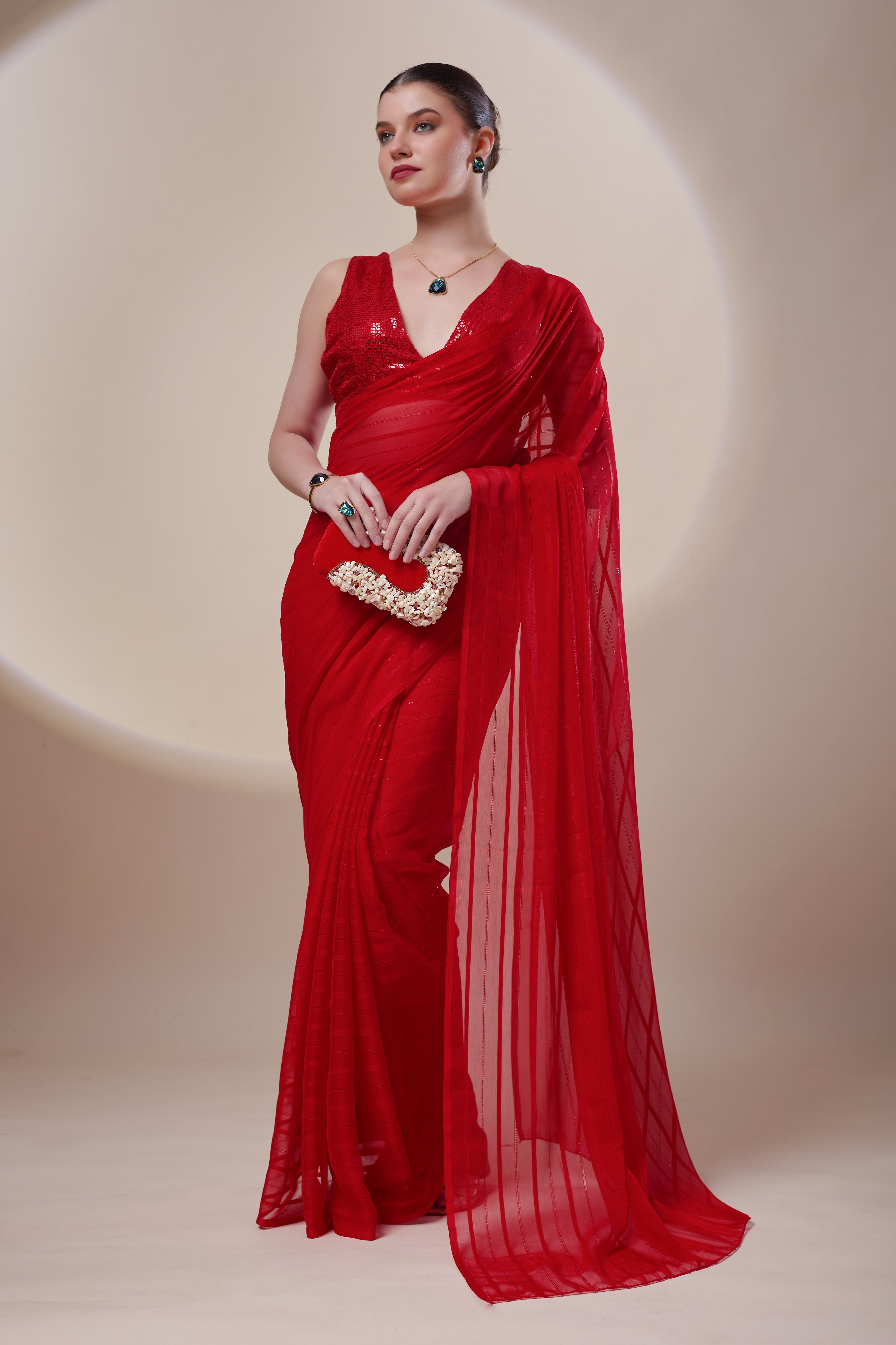 Red Sequin Chiffon Saree