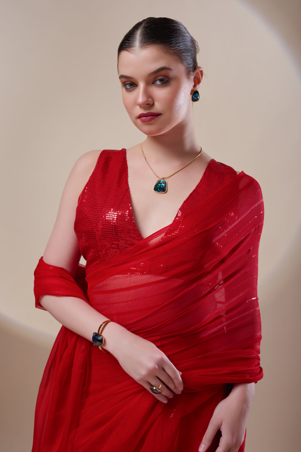 Red Sequin Chiffon Saree