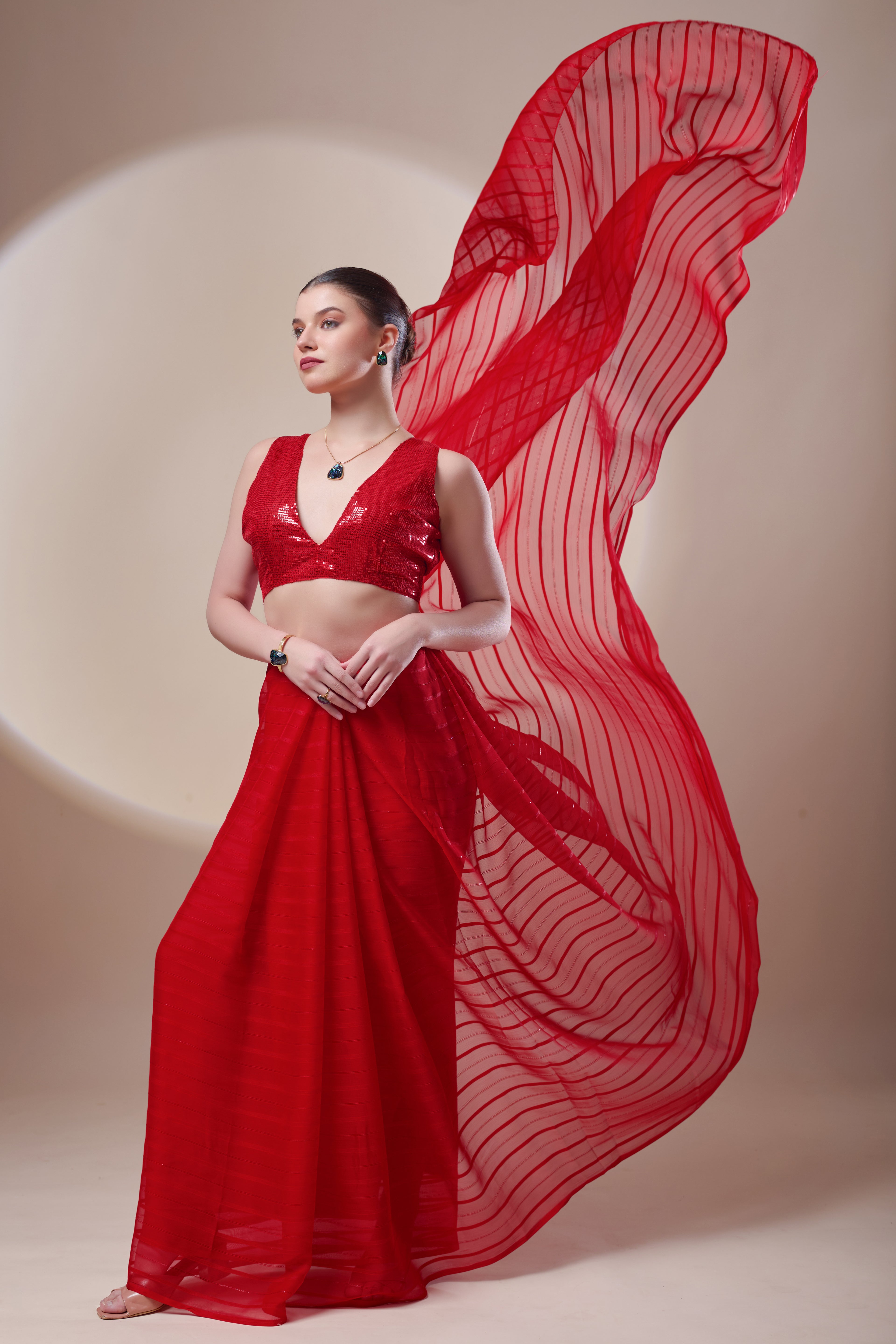 Red Sequin Chiffon Saree