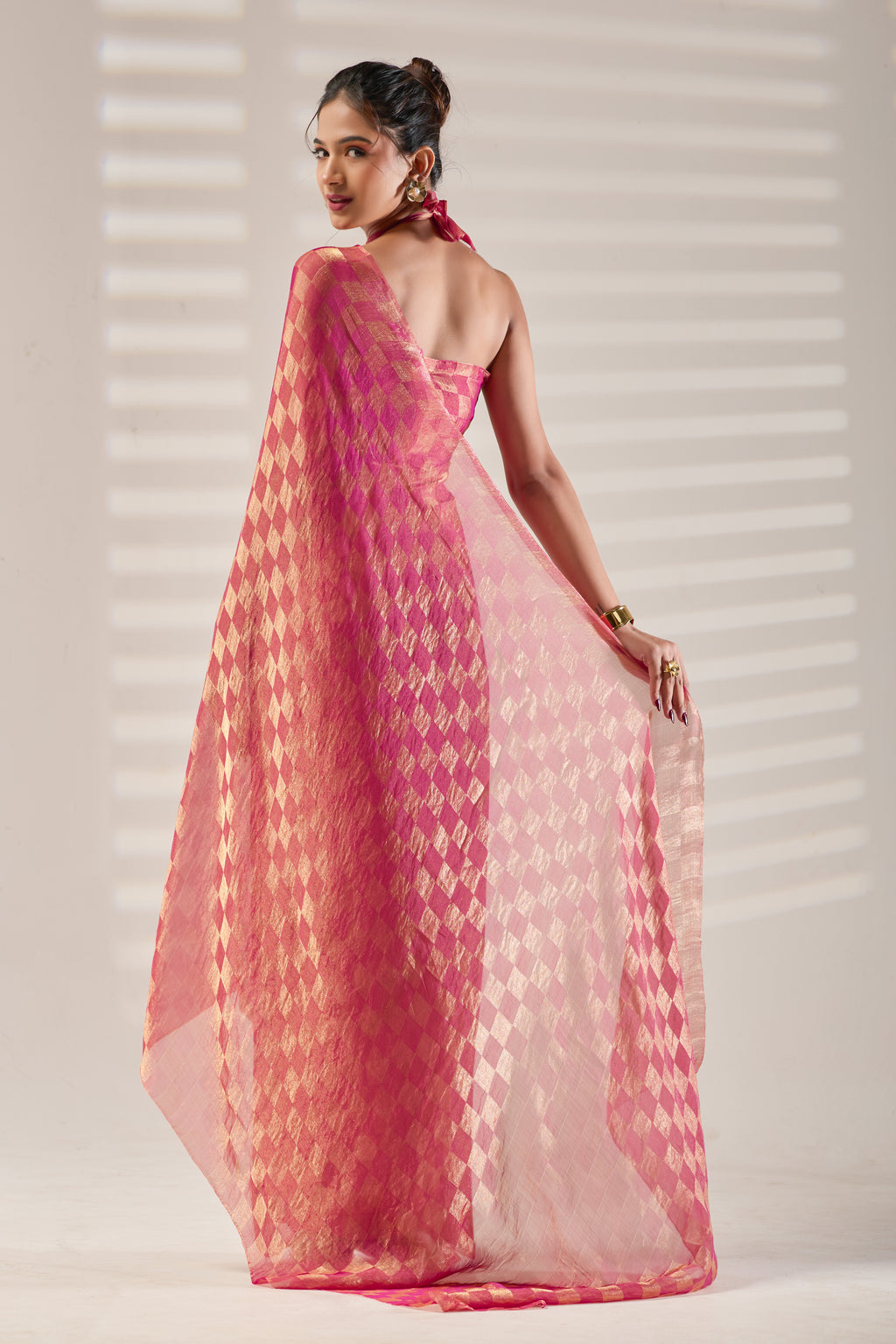 Pink Checked Tissue Saree