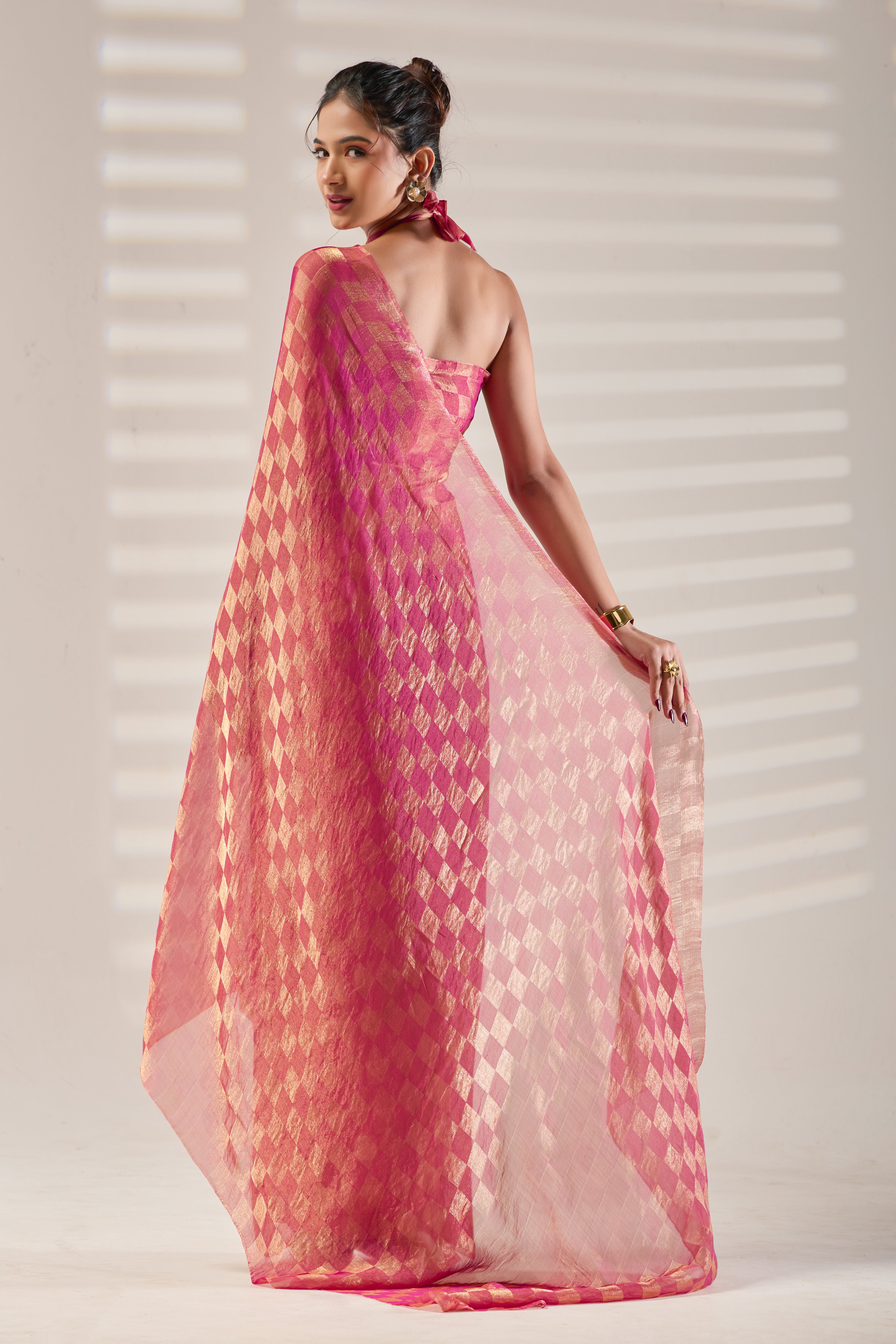Pink Checked Tissue Saree