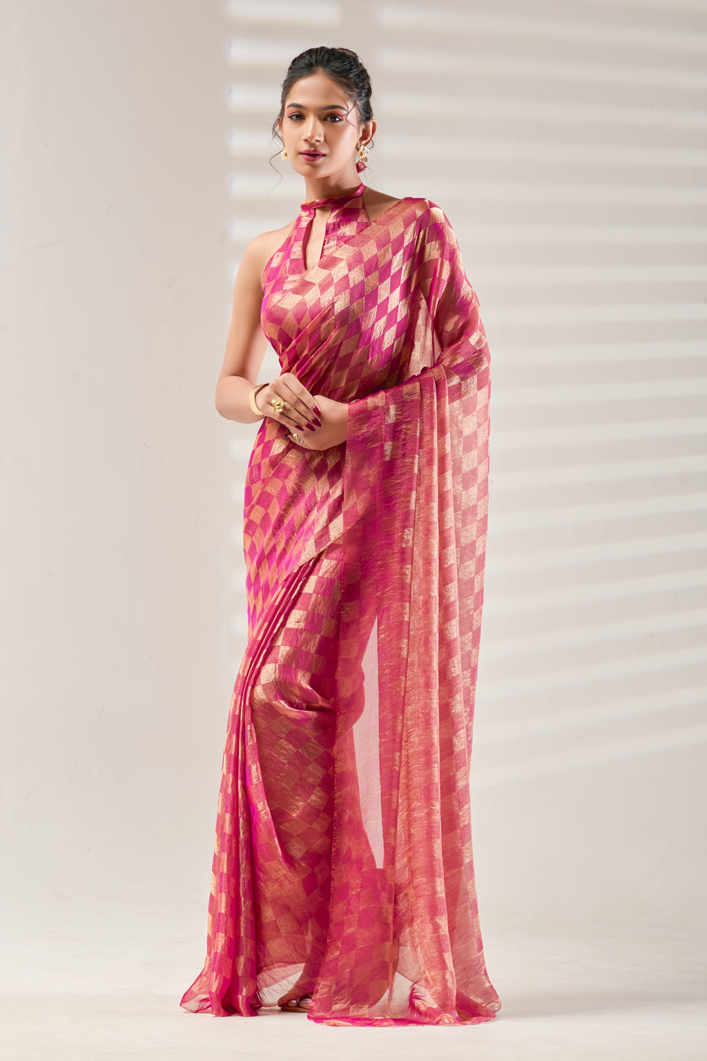 Pink Checked Tissue Saree