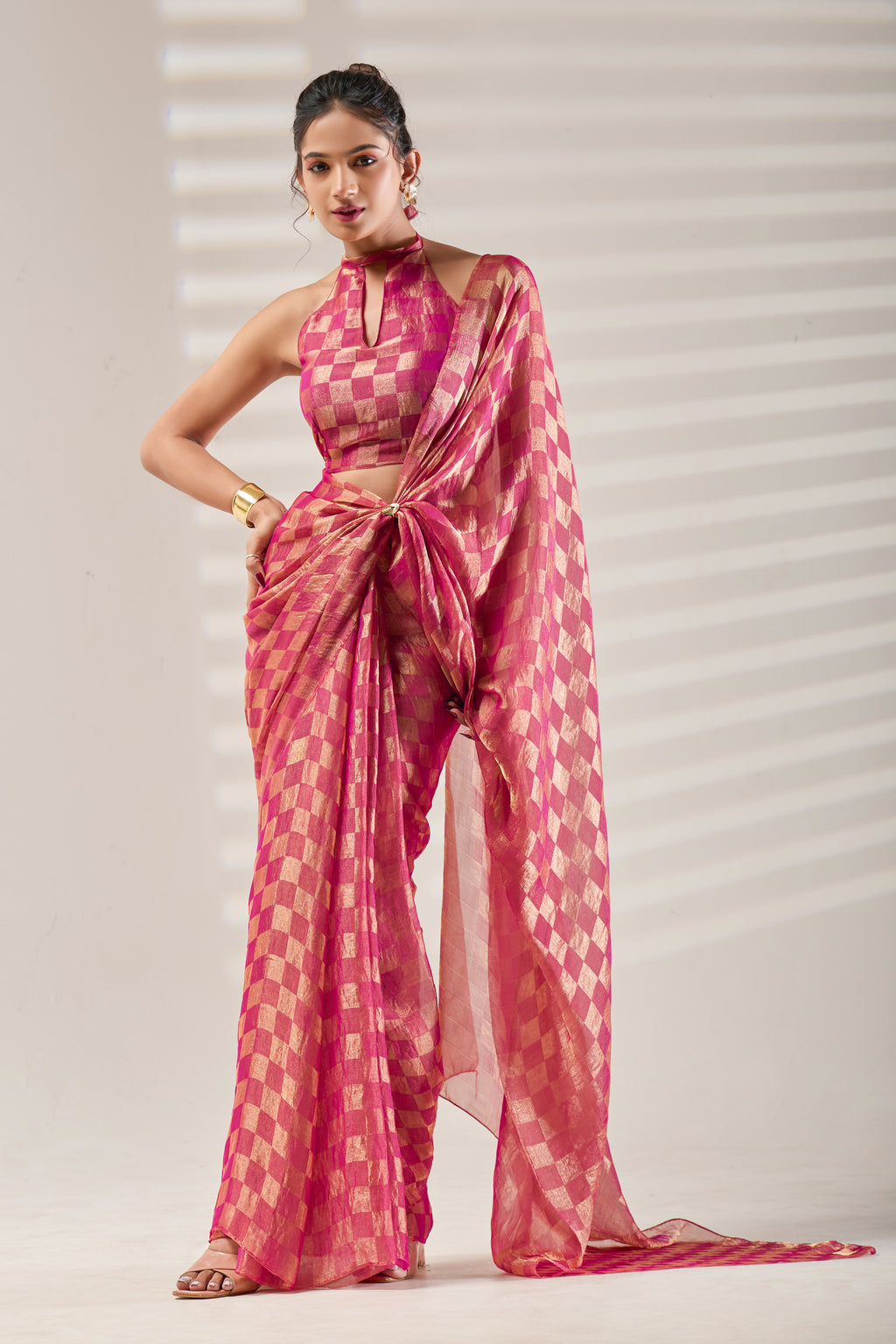 Pink Checked Tissue Saree