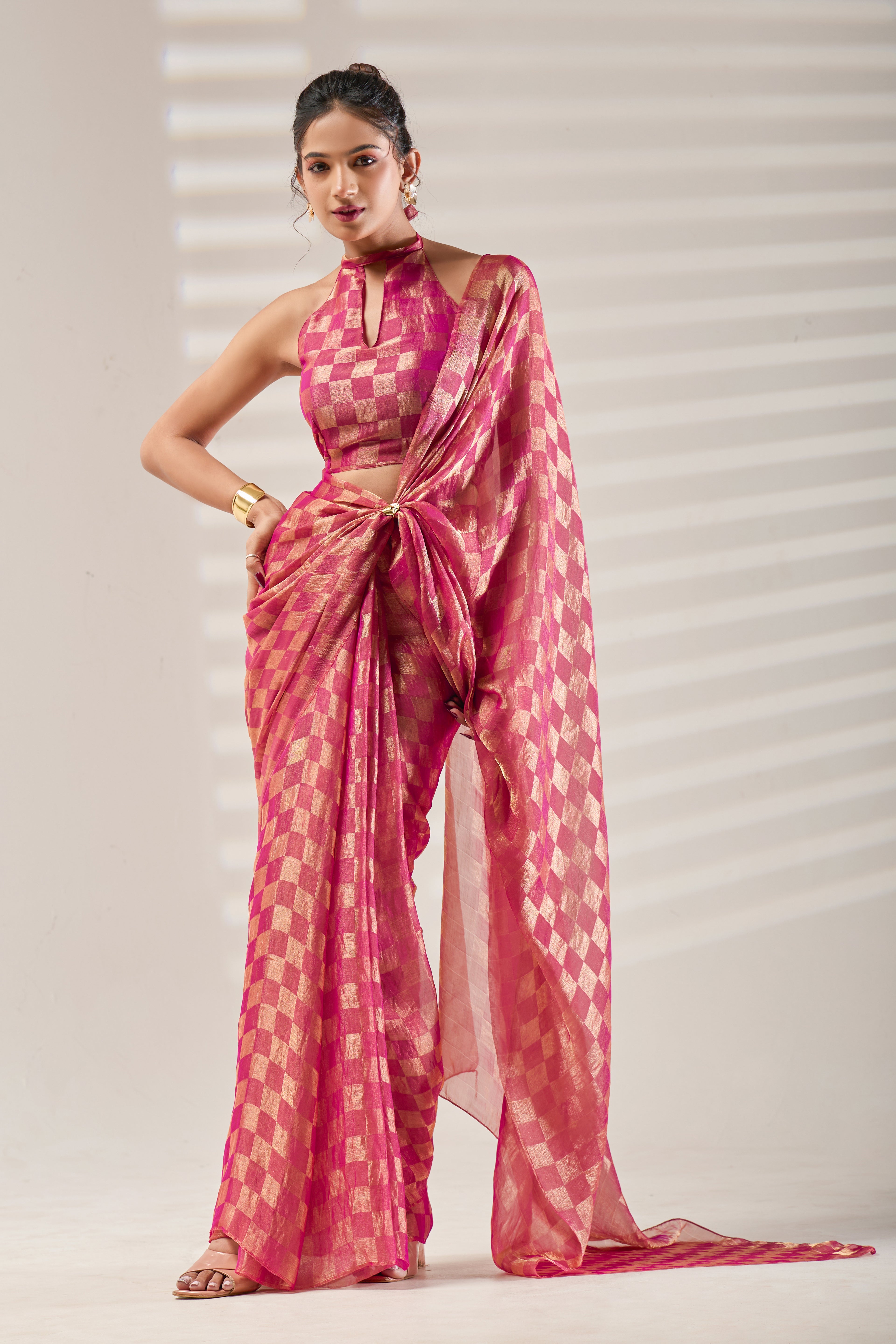 Pink Checked Tissue Saree