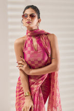 Pink Checked Tissue Saree