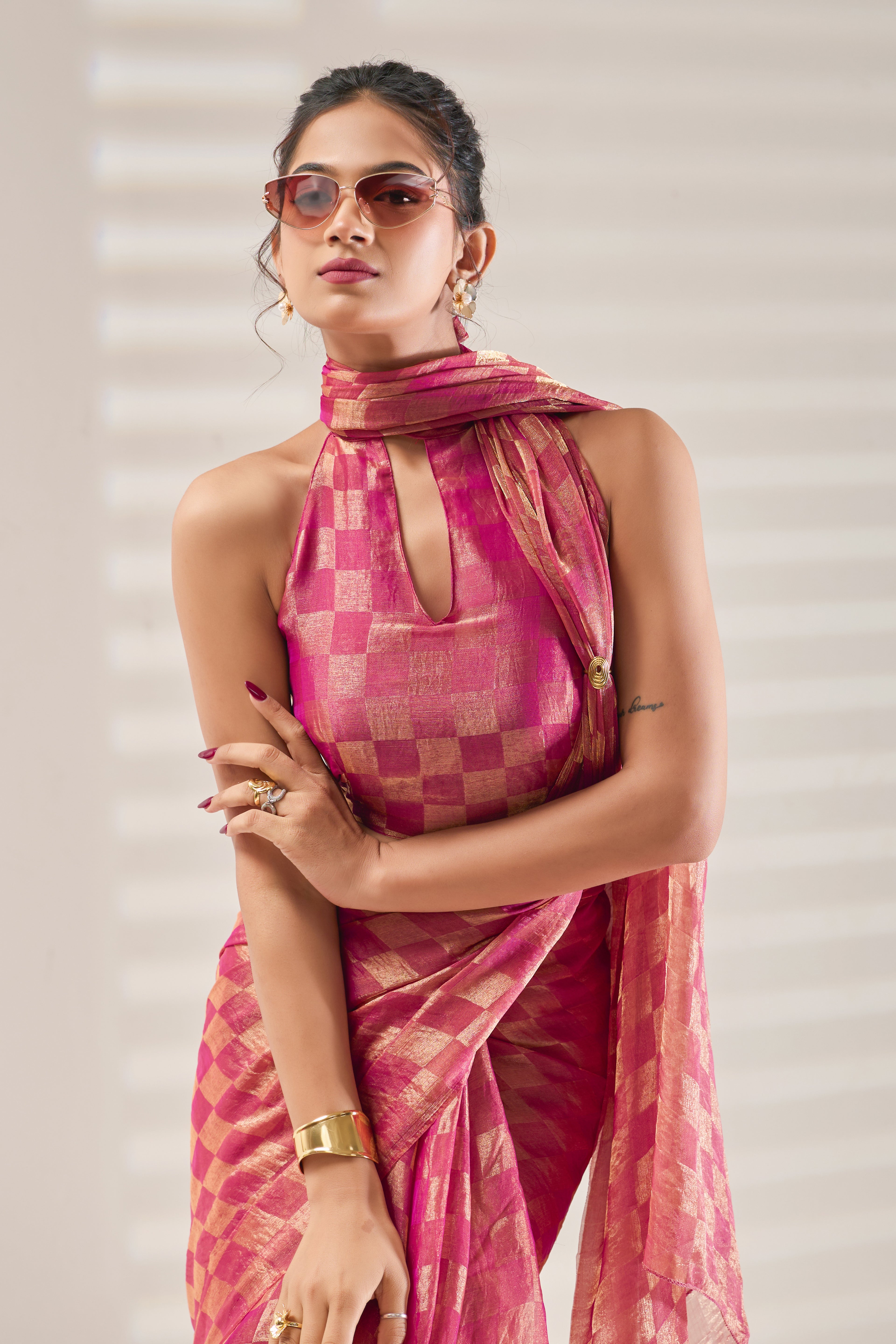 Pink Checked Tissue Saree