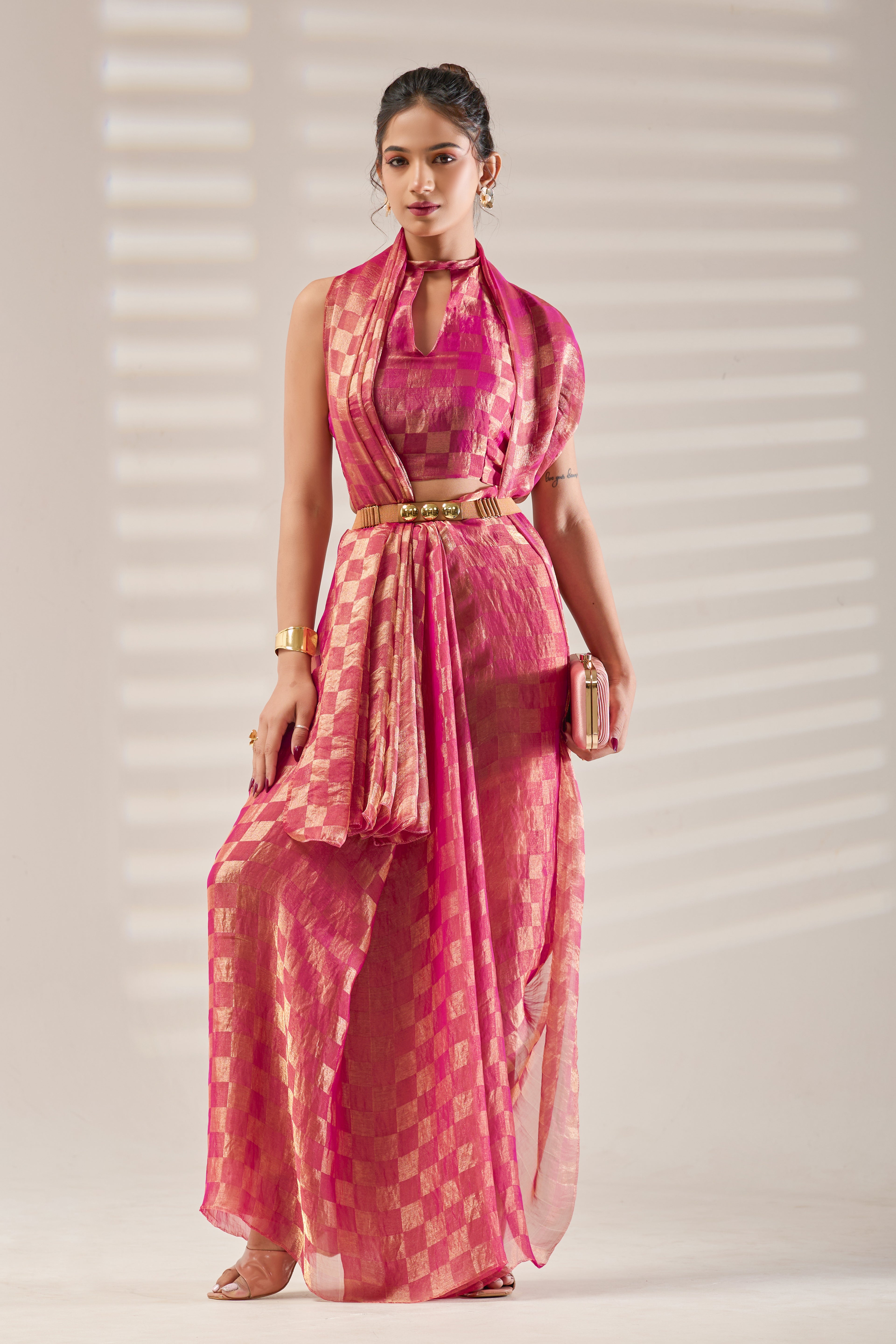 Pink Checked Tissue Saree