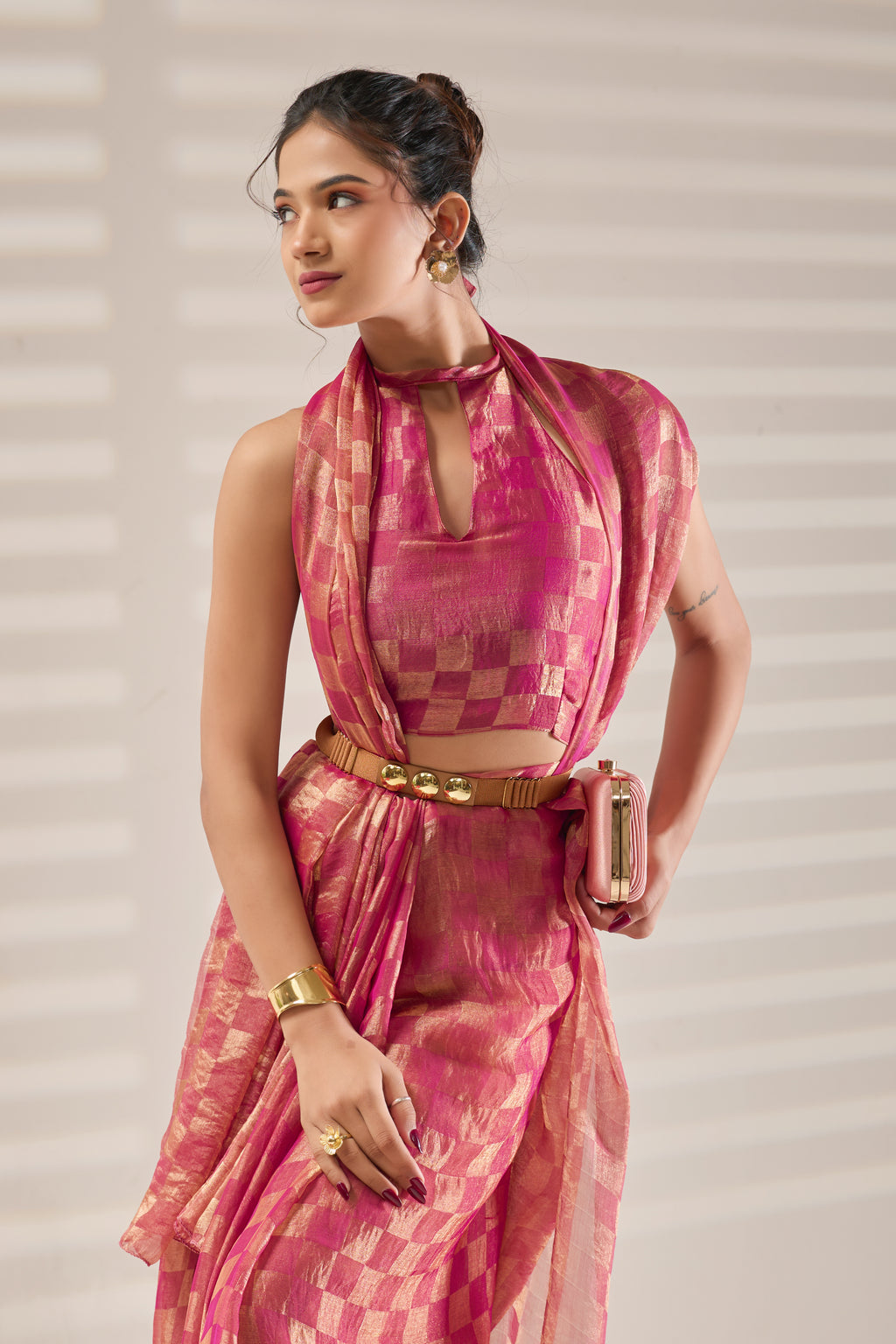 Pink Checked Tissue Saree