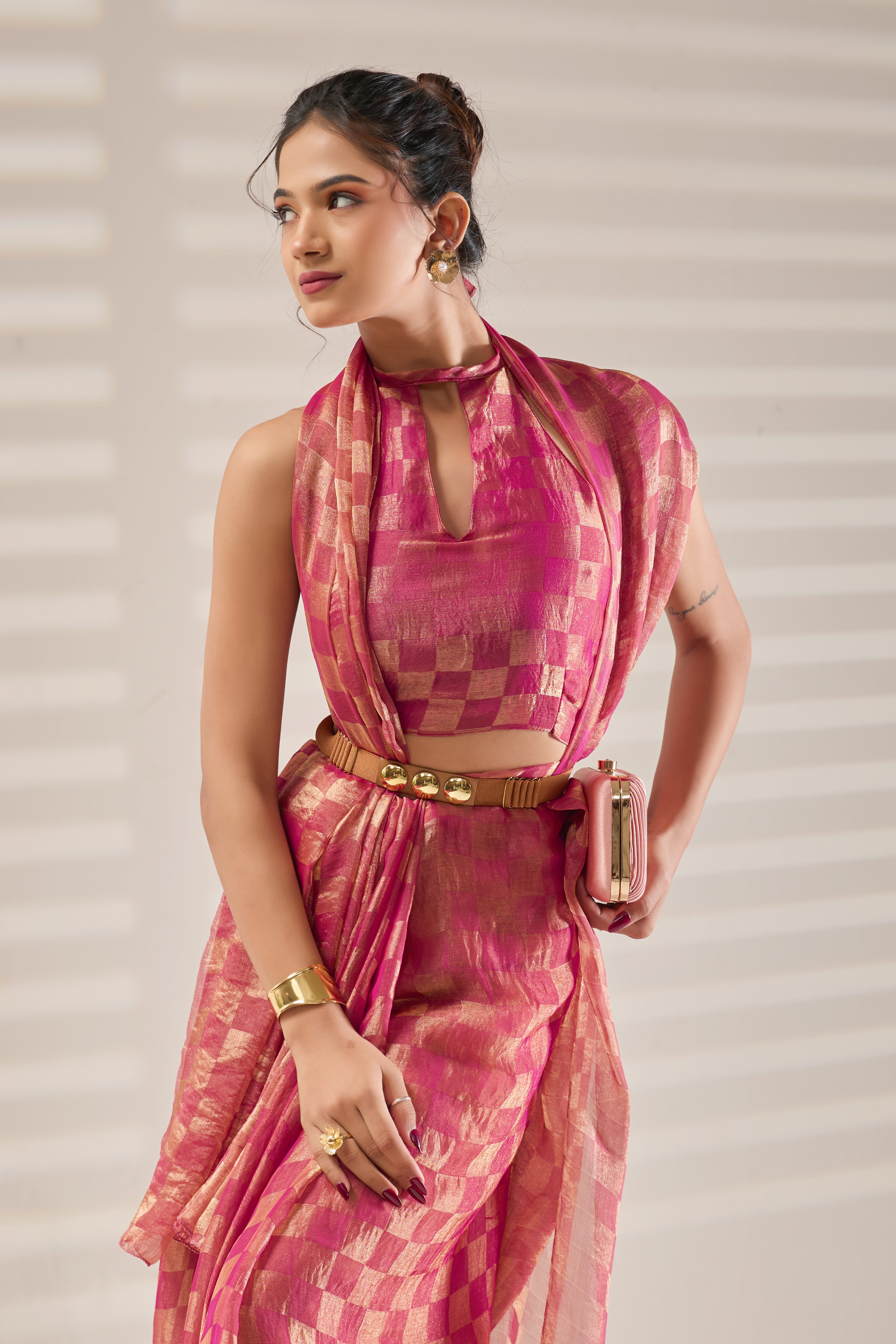Pink Checked Tissue Saree