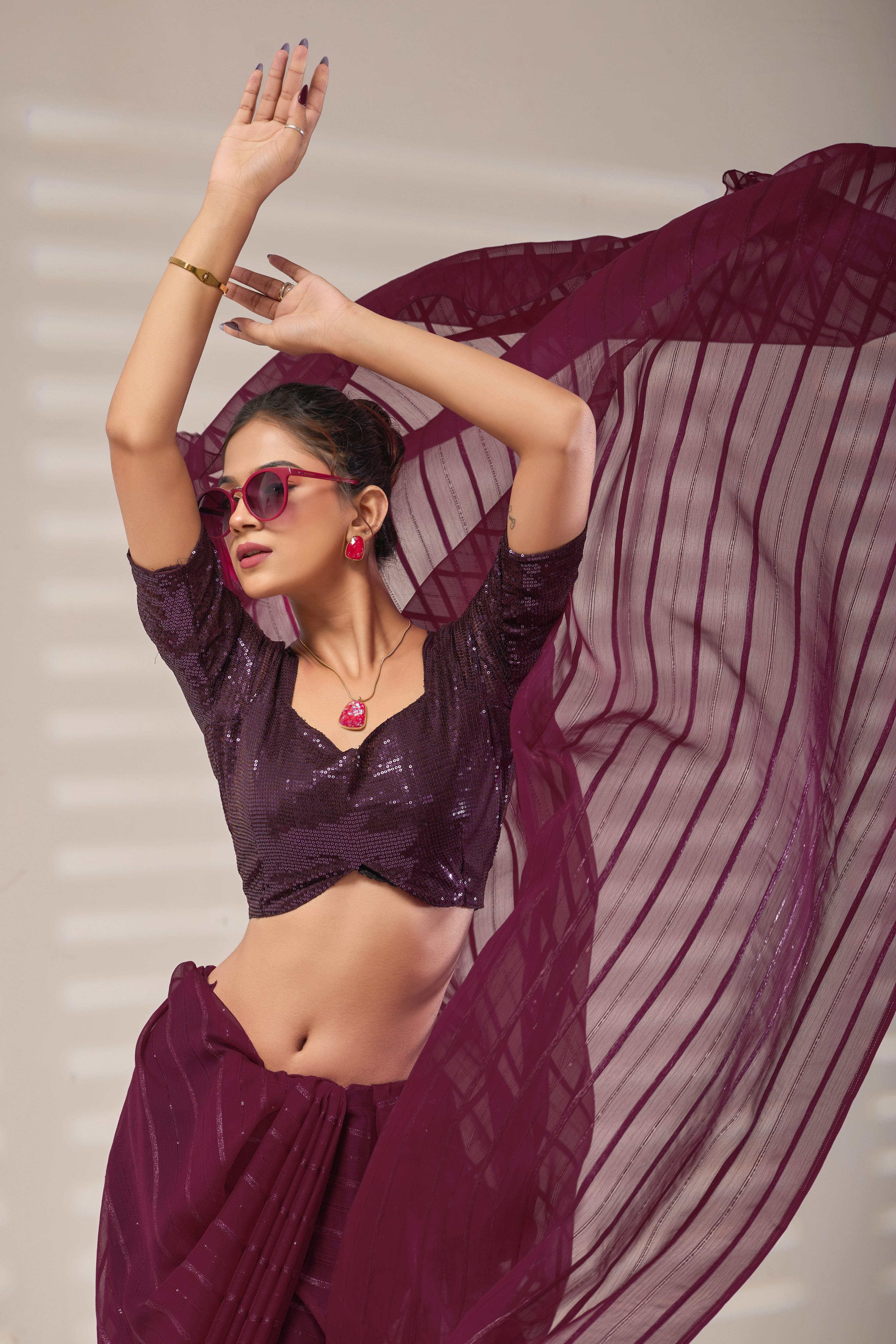 Wine Sequin Chiffon Saree