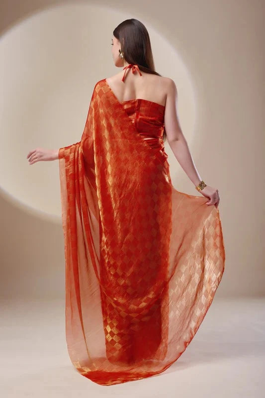 Orange Checked Tissue Saree