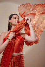 Orange Checked Tissue Saree