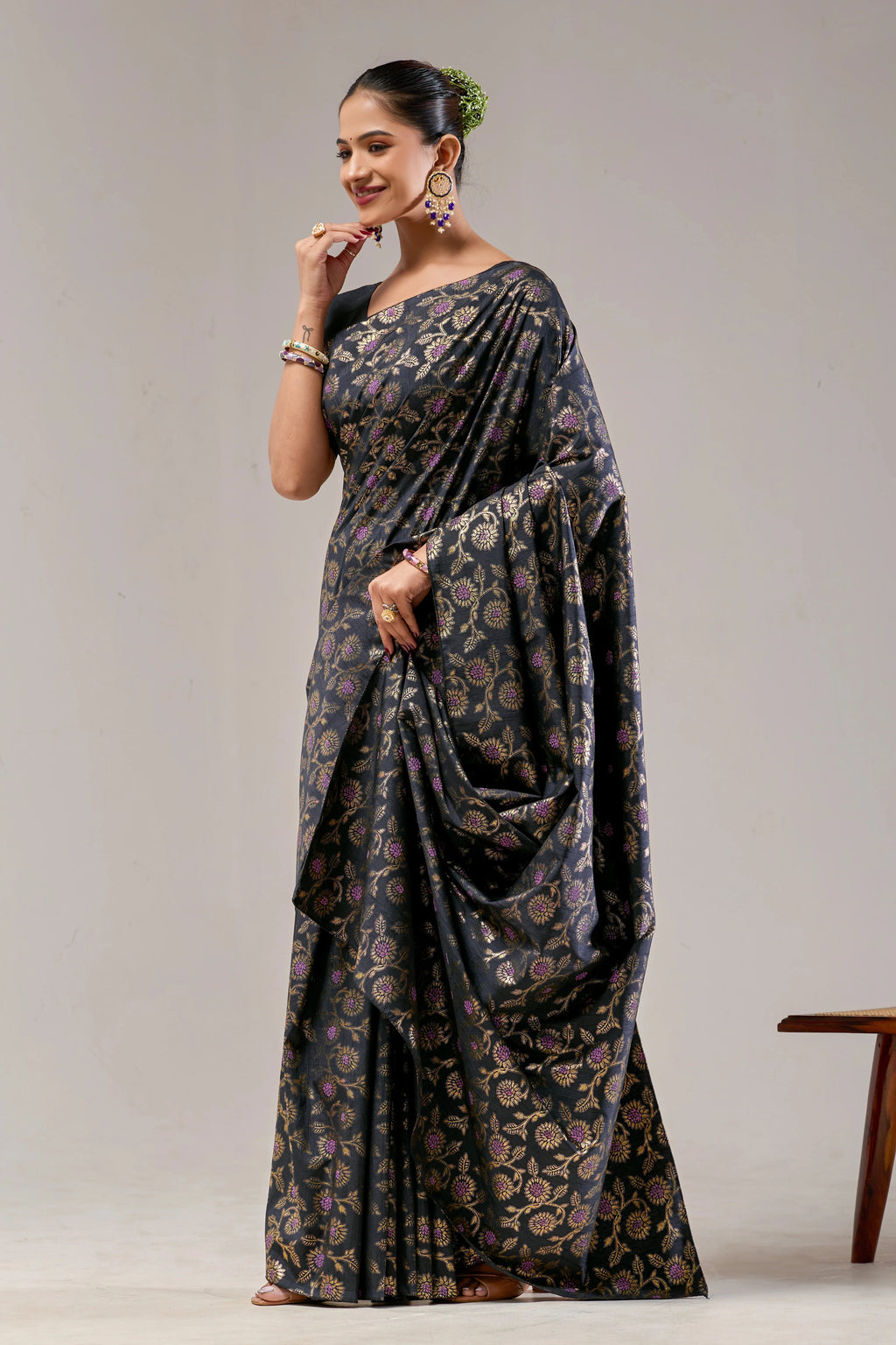 Black Banarasi Raw Silk Saree