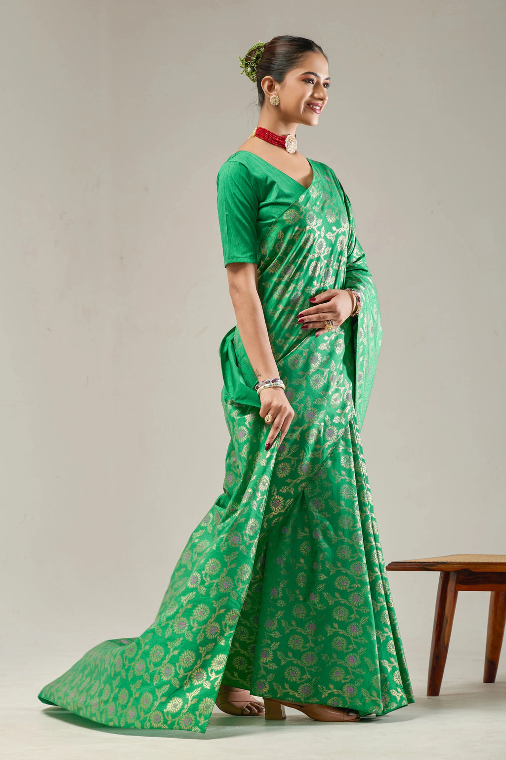 Green Banarasi Raw Silk Saree