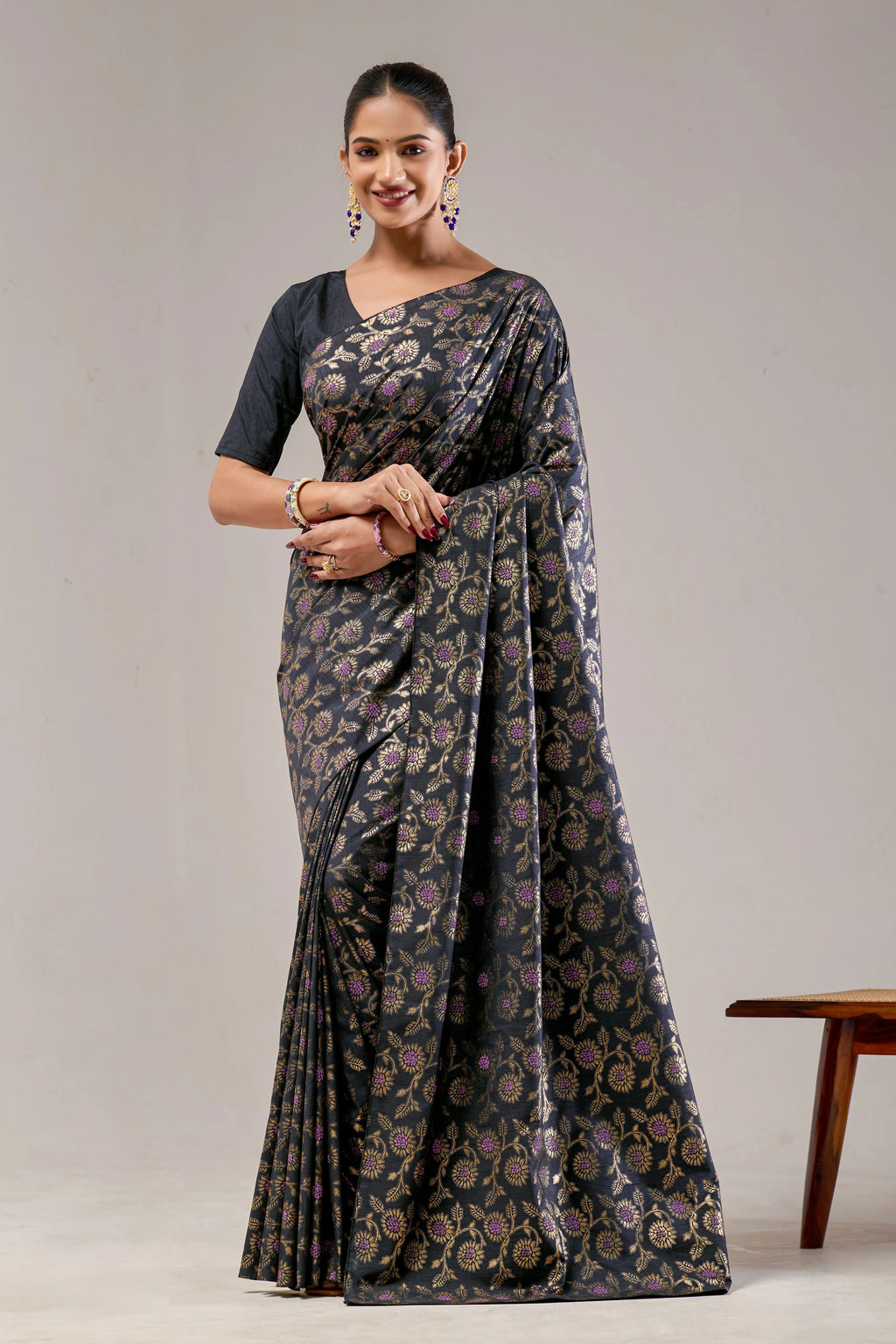 Black Banarasi Raw Silk Saree
