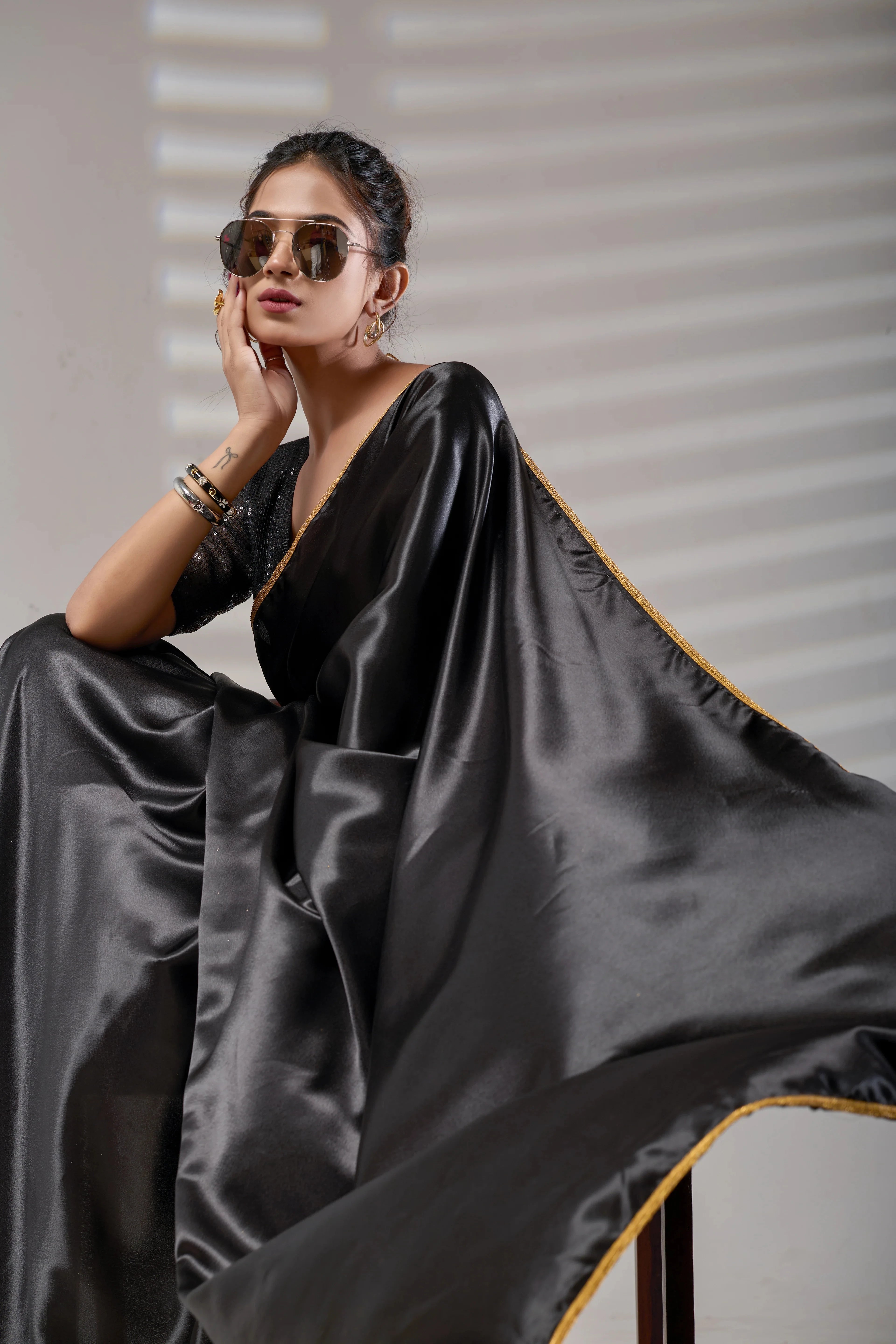 Black Silk Satin Saree