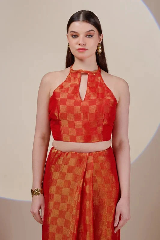 Orange Checked Tissue Saree