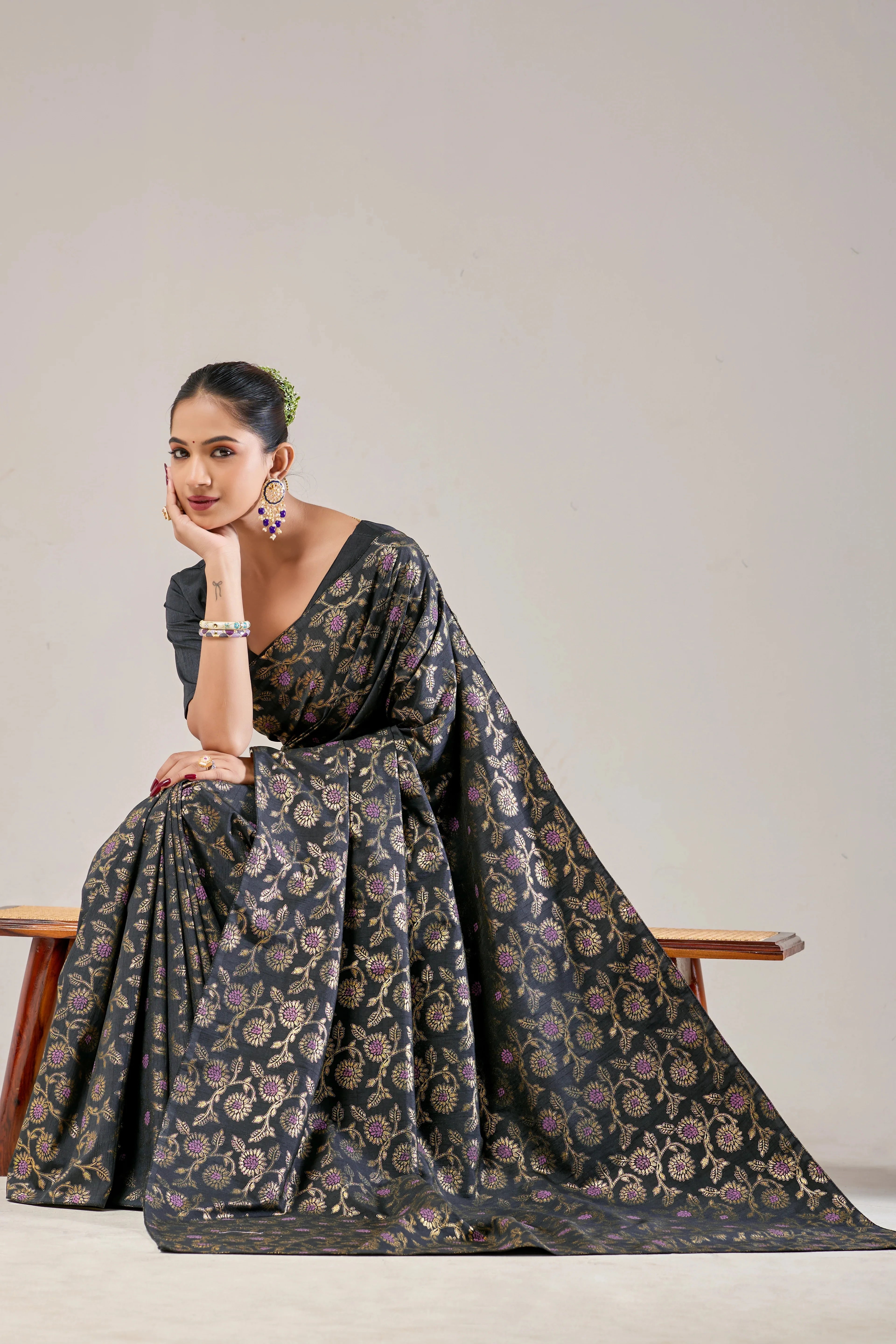 Black Banarasi Raw Silk Saree
