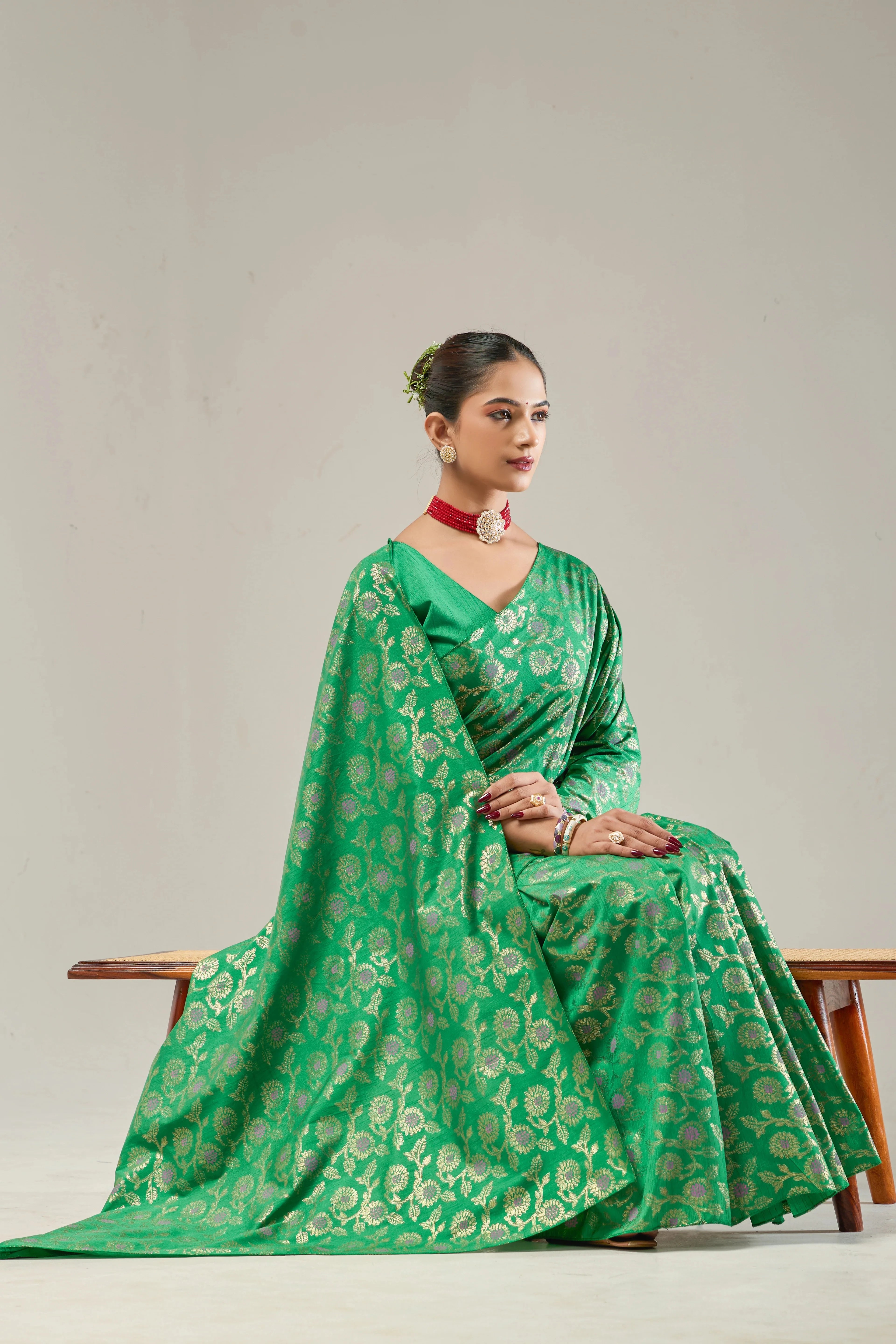 Green Banarasi Raw Silk Saree