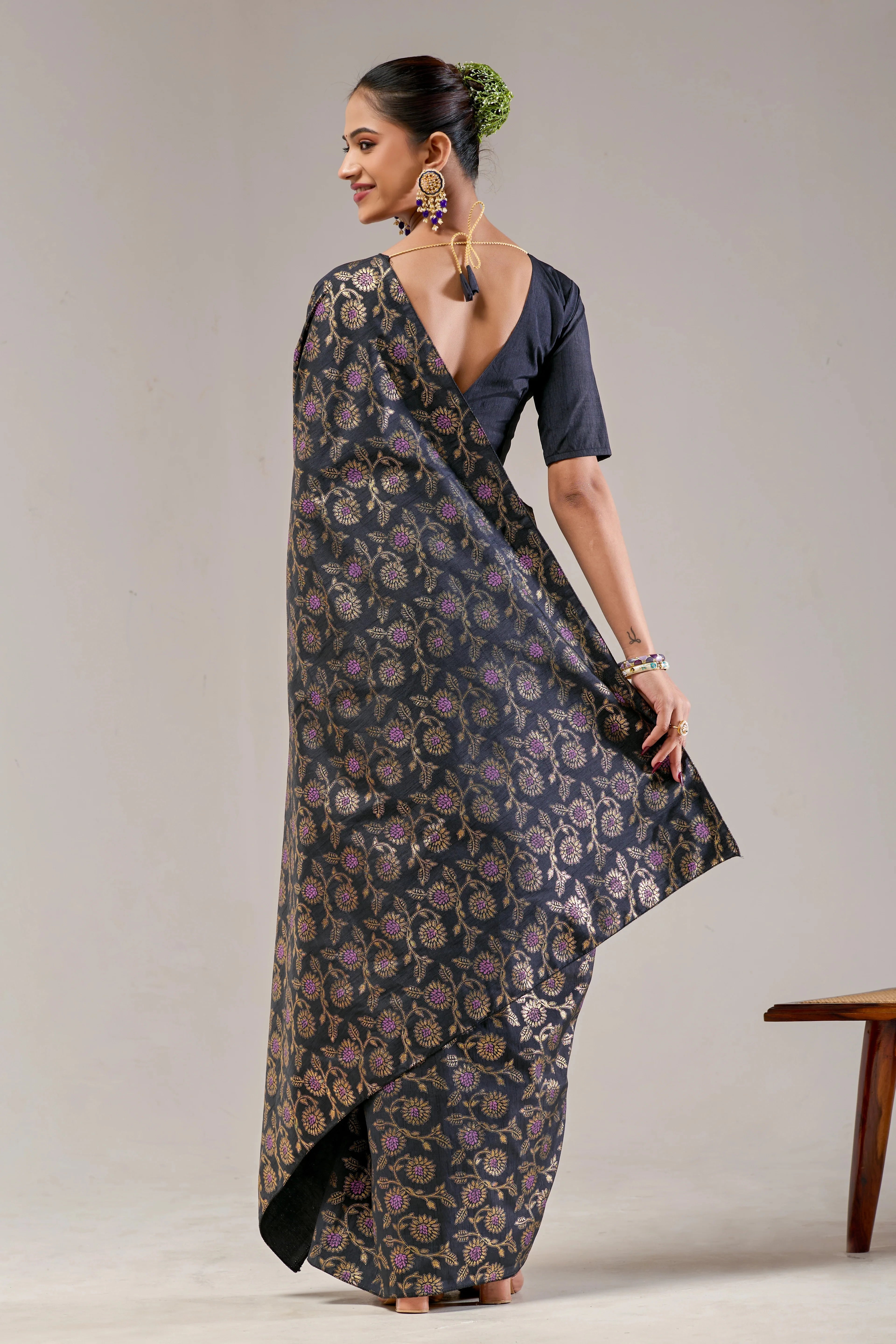 Black Banarasi Raw Silk Saree