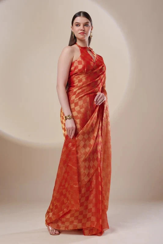 Orange Checked Tissue Saree