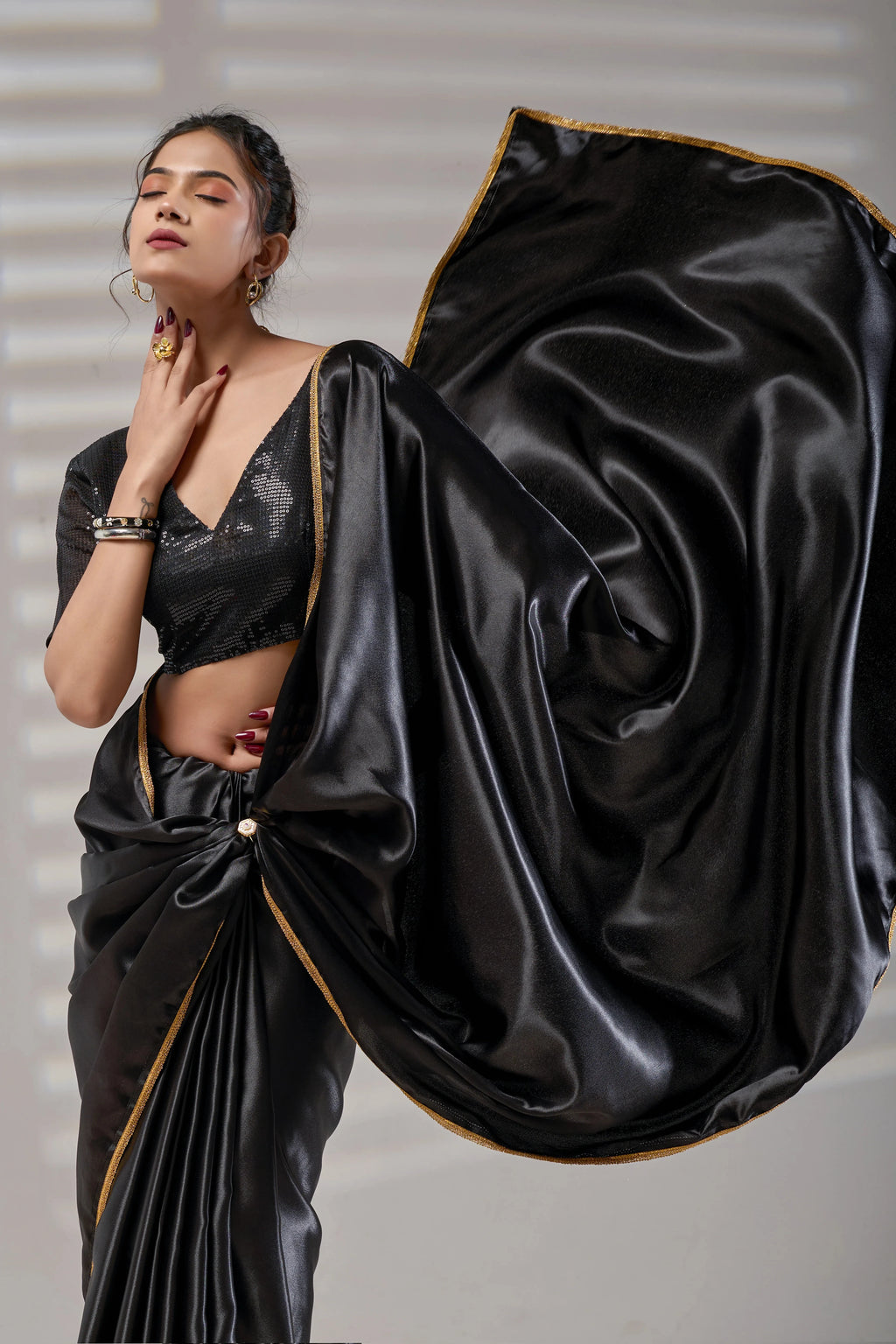 Black Silk Satin Saree